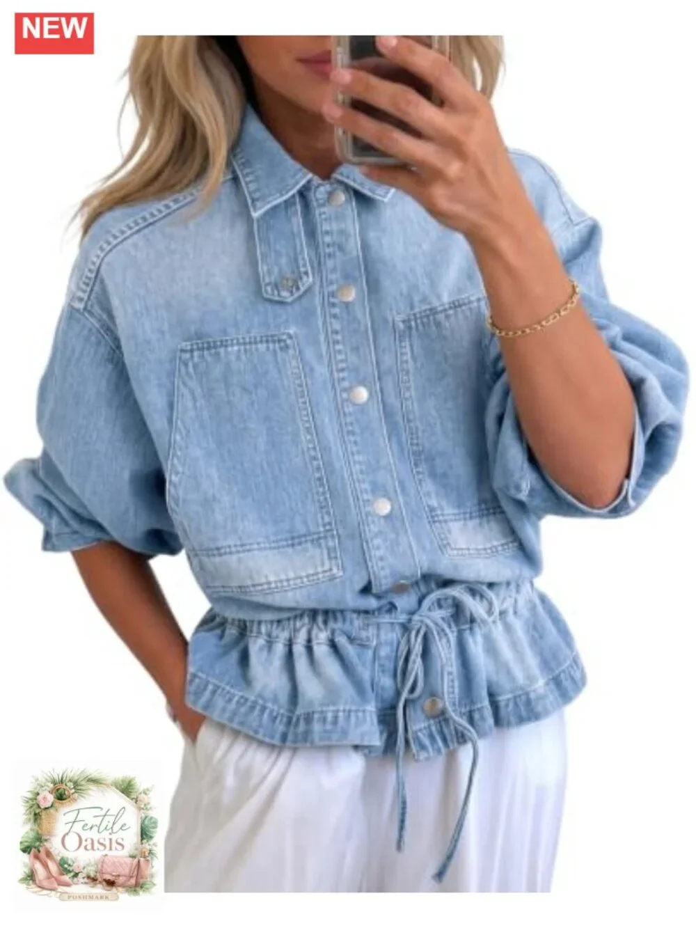 Denim Shacket Button Down Drawstring Patch Pockets Relaxed Fit Cotton Blend